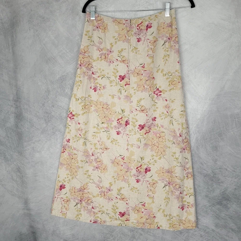 Liz Claiborne Skirt Womens 4 Petite Beige Pink Yellow Floral Linen Blend Midi